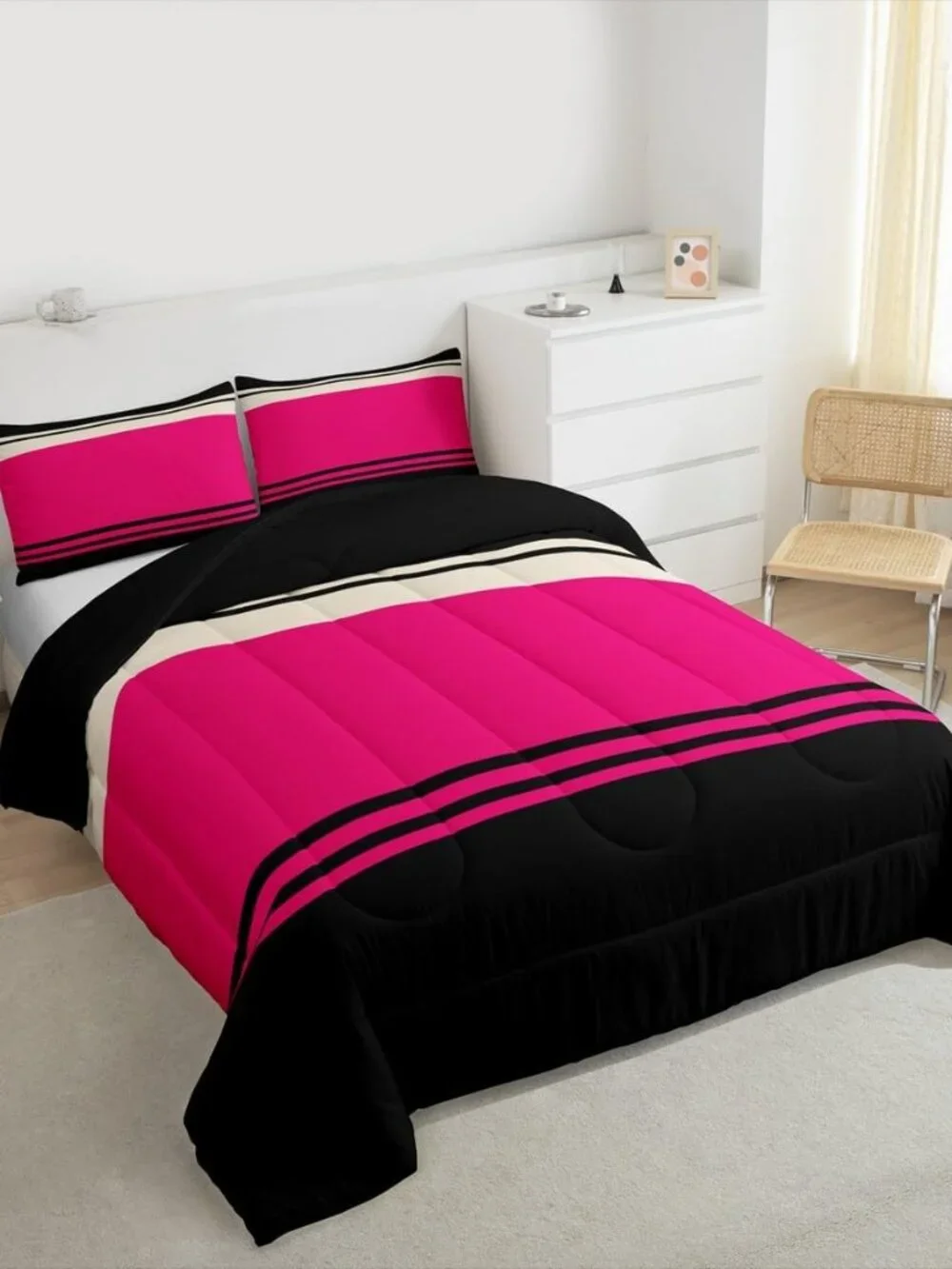 Patchwork Striped Comforter Set Hot Pink Black Stripes Bedding Sets Aesthetic Ge